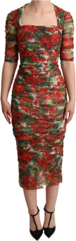 Dolce & Gabbana Red Floral Print Tulle Sheath Midi Dress Rood Dames