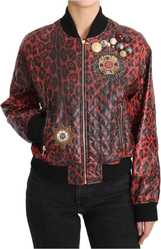 Dolce & Gabbana Red Leopard Button Crystal Leather Jacket Rood Dames