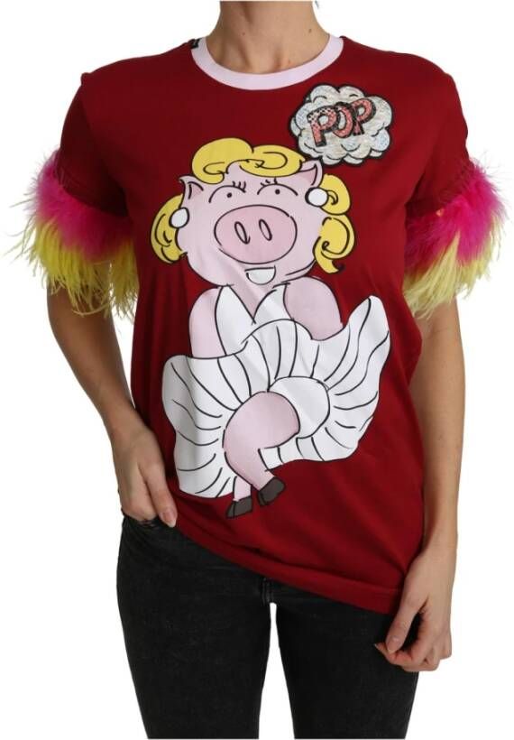 Dolce & Gabbana Red Pig Print Feather Sleeves T-shirt Top Rood Dames