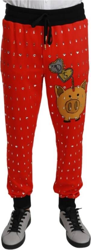 Dolce & Gabbana Red Piggy Bank Cotton Crystal Trousers Pants Rood Heren