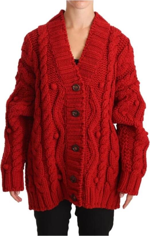 Dolce & Gabbana Pre-owned Red V-neck Wool Knit Button Cardigan Sweater Rood Dames