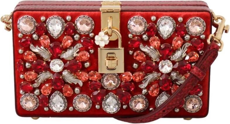 Dolce & Gabbana Red Velvet Leather Crystal Hand Box Clutch Bag Rood Dames