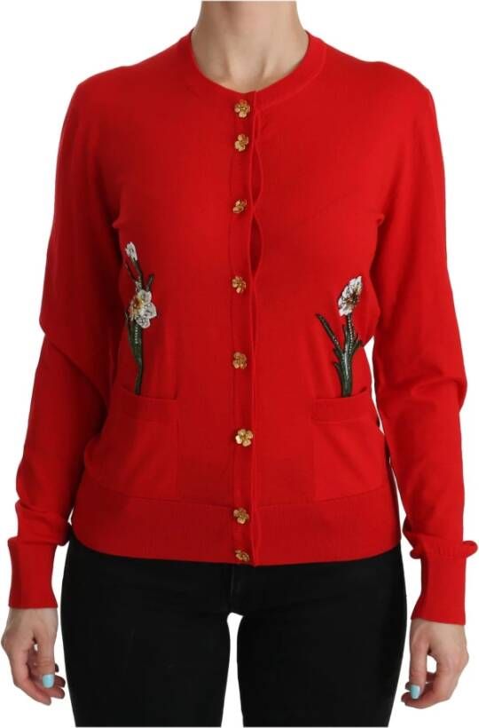 Dolce & Gabbana Red Wool Crystal Floral Cardigan Sweater Rood Dames