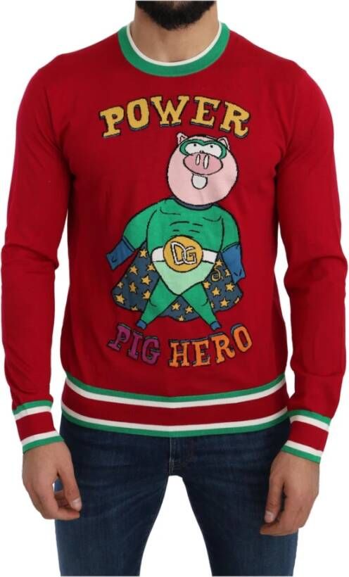 Dolce & Gabbana Red Wool Silk Pig of the Year Sweater Rood Heren