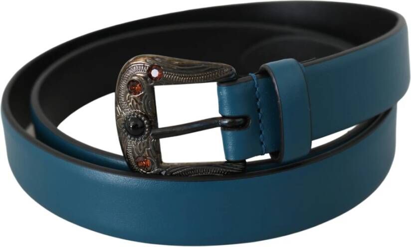 Dolce & Gabbana Luxe Blauw Leren Riem met Kristalversieringen Blue
