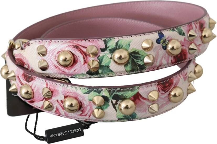 Dolce & Gabbana Roze Bloemen Leren Stud Accessoire Schouderband Pink Dames