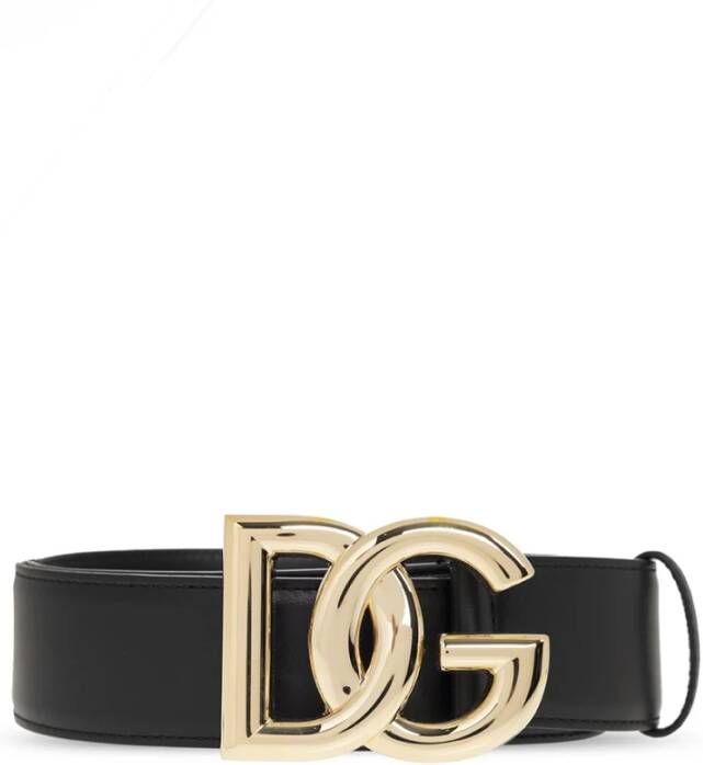 Dolce & Gabbana Luxe Zwarte Kalfsleren Riem met Gouden DG Logo Black Dames