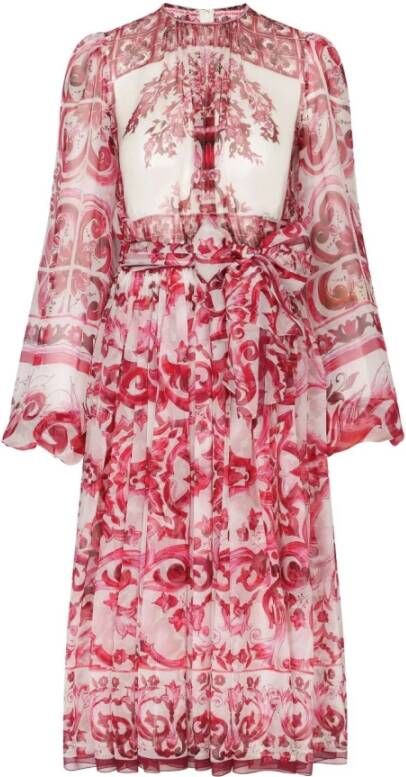 Dolce & Gabbana Rode Jurk met Bloemenprint en Lange Mouwen Roze Dames