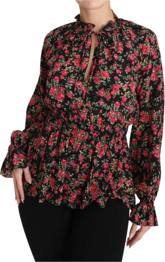 Dolce & Gabbana Rose Print Floral Shirt Top Blouse Zwart Dames