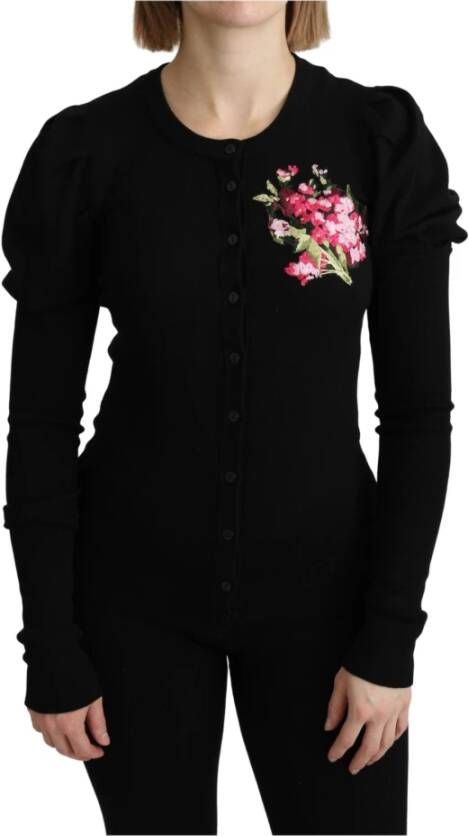 Dolce & Gabbana Black Floral Long Sleeve Cardigan Sweater Zwart Dames