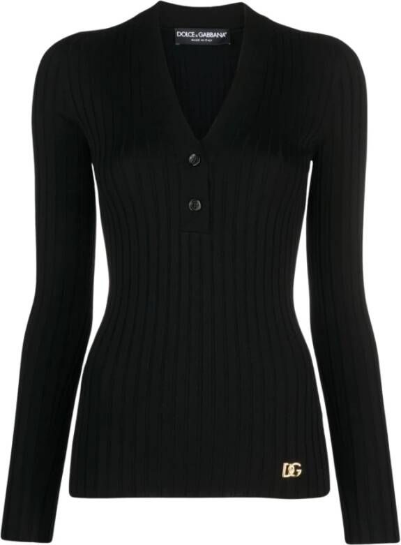 Dolce & Gabbana Zwarte Sweaters met V-Hals en Knopen Black Dames