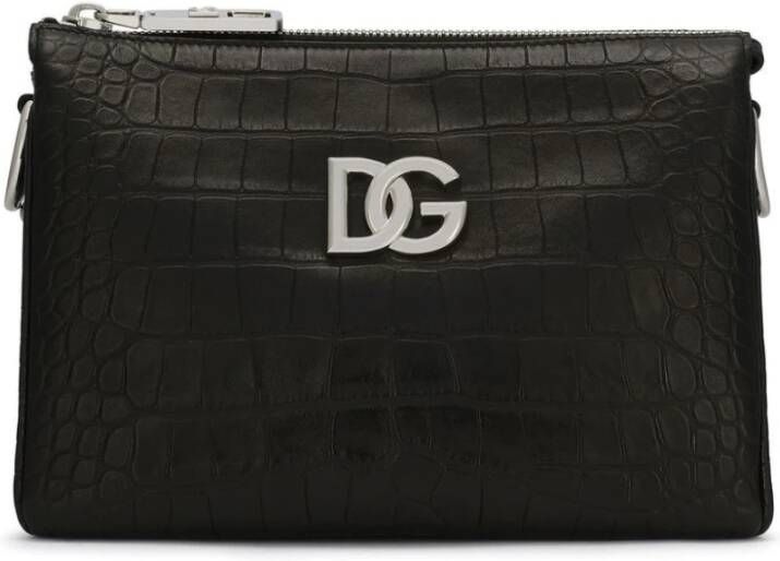 Dolce & Gabbana Zwarte Krokodil-Geprinte Crossbody Tas Black Dames