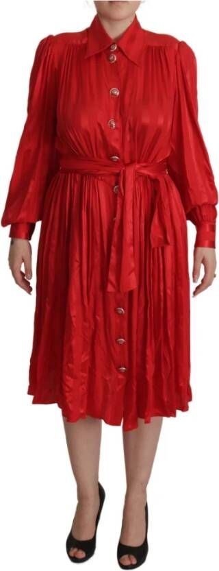 Dolce & Gabbana Rode Knoopsluiting Midi Satijnen Zijden Jurk met Riem Red Dames