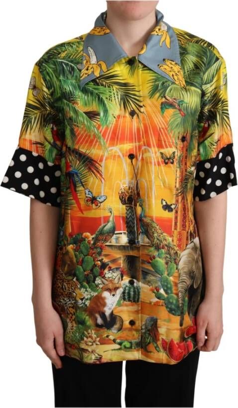 Dolce & Gabbana Jungle Tropical Polka Dot Print Silk Shirt Groen Dames