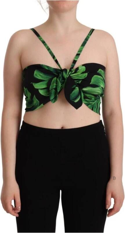 Dolce & Gabbana Dolce Gabbana Black Green Leaf Silk Halter Cropped Top Black Dames