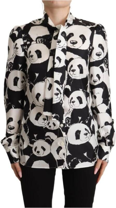 Dolce & Gabbana Black White Panda Print Silk Ascot Collar Top Zwart Dames
