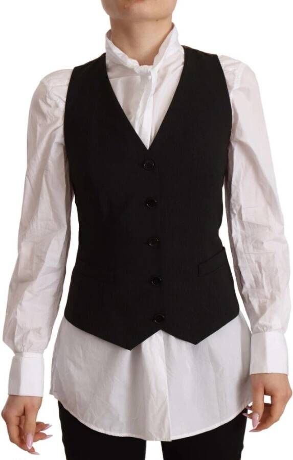 Dolce & Gabbana Black Button Down Sleeveless Vest Polyester Top Zwart Dames