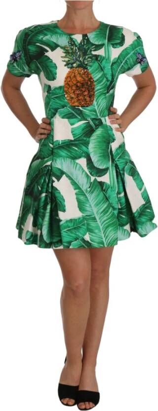 Dolce & Gabbana A-Line Banana Leaf Pineapple Crystal Dress Groen Dames