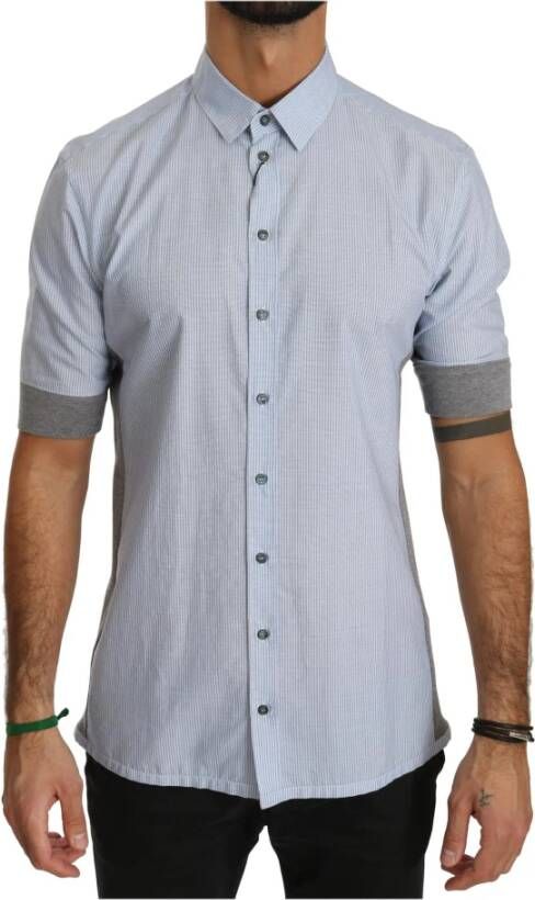 Dolce & Gabbana Blue White Short Sleeve Cotton Shirt Blauw Heren