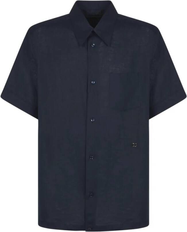 Dolce & Gabbana Navy Blue Linnen Shirt Korte Mouwen Blue Heren