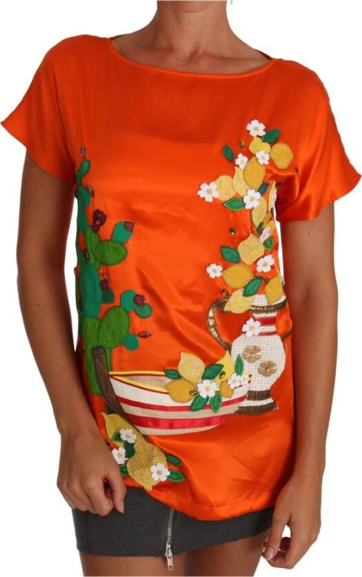 Dolce & Gabbana Silk Orange Lemon Crystal T-shirt Top Oranje Dames