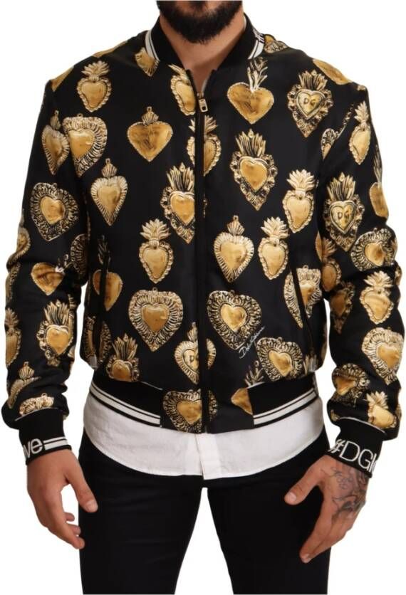 Dolce & Gabbana Silk Sacred Heart Bomber Jacket Zwart Heren