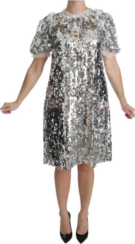 Dolce & Gabbana Silver Sequined Crystal Shift Gown Dress Grijs Dames