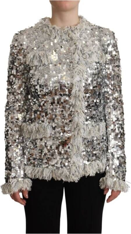 Dolce & Gabbana Silver Sequined Shearling Long Sleeves Jacket Grijs Dames