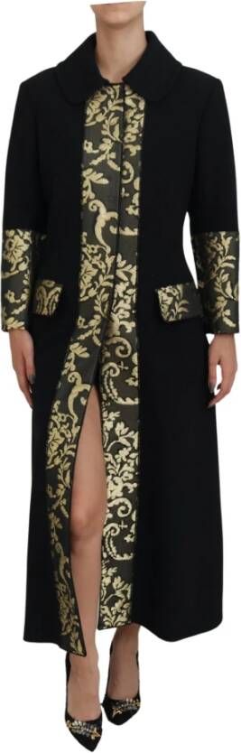Dolce & Gabbana Zwart Goud Jacquard Lange Trenchcoat Jas Black Dames
