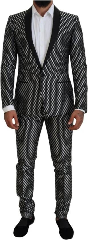 Dolce & Gabbana Black White Silk Martini Slim Fit Suit Zwart Heren