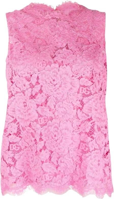 Dolce & Gabbana Mouwloze top van bloemenkant met monogramdetails Pink Dames
