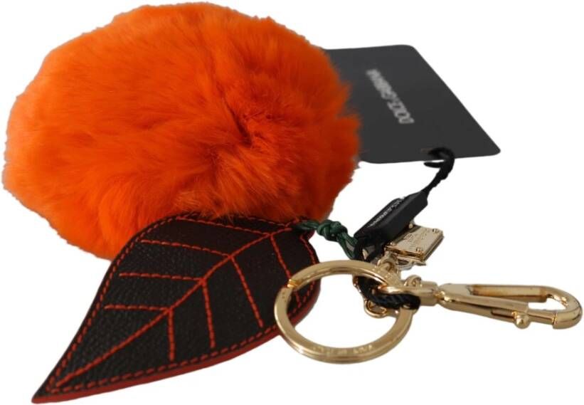Dolce & Gabbana Zwarte Leren Oranje Bont Gouden Sleutelhanger Orange Dames