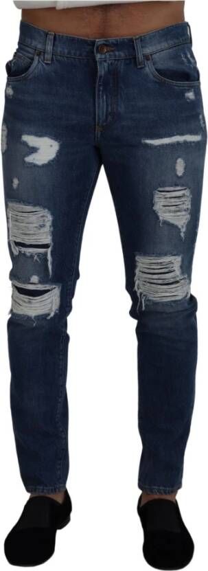 Dolce & Gabbana Blauwe Gewassen Tattered Denim Broek Blue Heren