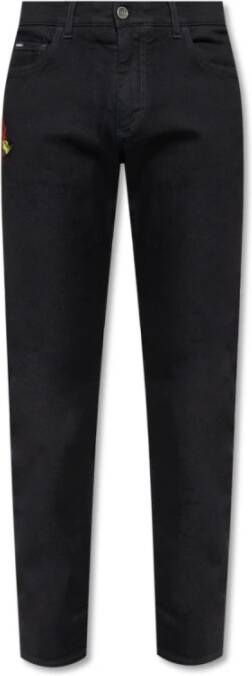 Dolce & Gabbana Zwarte Bloemen Slim Fit Denim Jeans met Rits Black Heren
