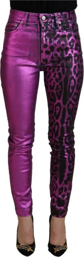 Dolce & Gabbana Paarse Luipaard Katoenen Slim Fit Denim Jeans Purple Dames