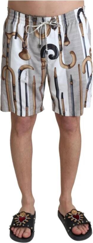 Dolce & Gabbana White Walking Stick Swimshorts Beachwear Shorts Wit Heren