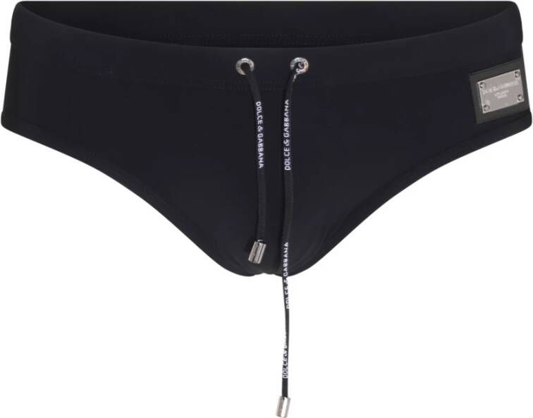 Dolce & Gabbana Strandkleding Zwarte zwembroek met geborduurde veters en logo-applicatie Black Heren