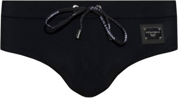 Dolce & Gabbana Strandkleding Zwarte zwembroek met geborduurde veters en logo-applicatie Black Heren