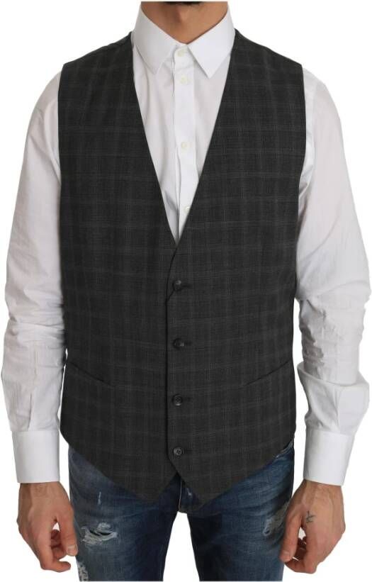 Dolce & Gabbana Gray Wool Staff Checkered Stretch Vest Grijs Heren
