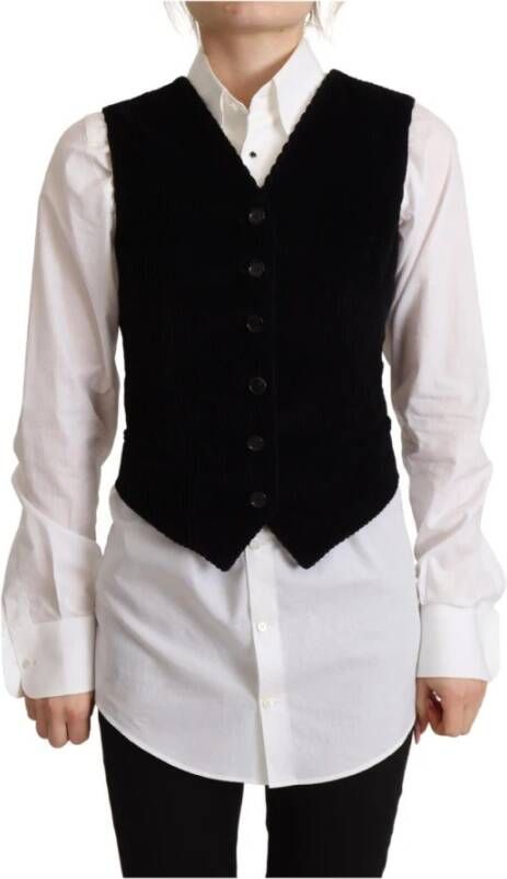 Dolce & Gabbana Luxe Zwarte V-hals Luipaard Corduroy Knoop Vest Top Black Dames