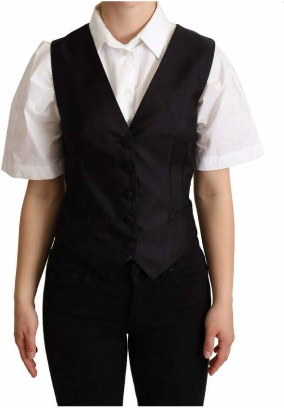 Dolce & Gabbana Zwarte Brokaat Knoopsluiting Mouwloze Vest Top Black Dames