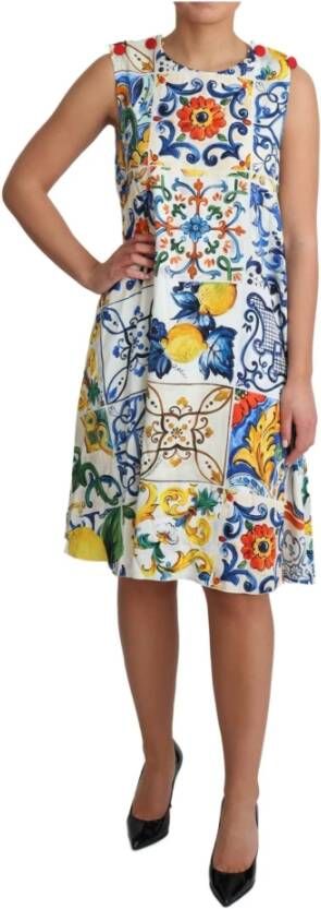 Dolce & Gabbana Majolica Print Shift A-line Silk Dress Wit Dames