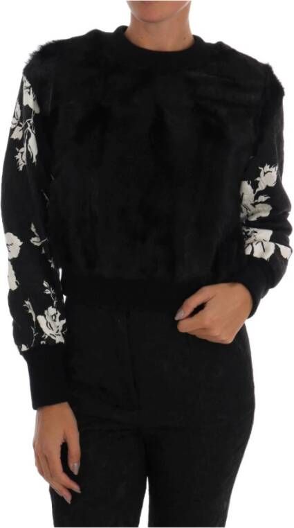 Dolce & Gabbana Luxe Bloemen Brokaat Zwarte Bont Trui Black Dames