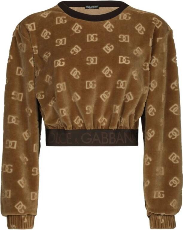 Dolce & Gabbana Korte Chenille Sweatshirt met Jacquard DG Logo Beige Dames