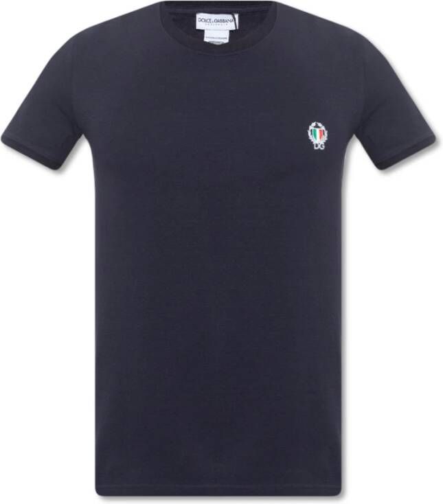 Dolce & Gabbana Blauwe Navy Geborduurde Logo T-shirt Blauw Heren