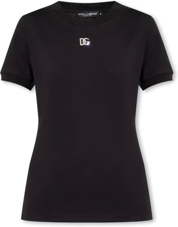 Dolce & Gabbana Zwarte T-shirts en Polos met Kristallen Versiering Zwart Dames