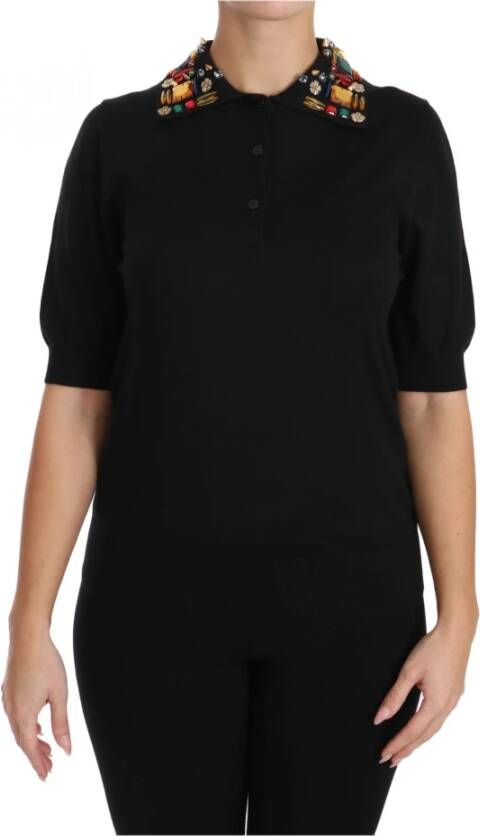 Dolce & Gabbana Black Cashmere Crystal Collar Top T-Shirt Zwart Dames