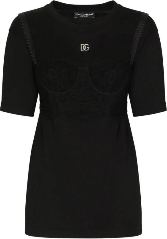 Dolce & Gabbana Zwart T-shirt met bh-details en korte mouwen Black Dames