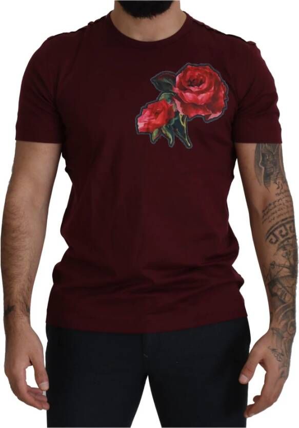 Dolce & Gabbana Bordeaux Roses Katoenen Crewneck T-shirt Red Heren