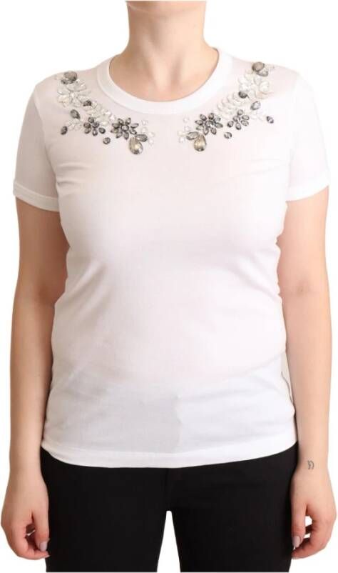 Dolce & Gabbana Kristalversierd Wit Katoenen Crewneck T-shirt White Dames